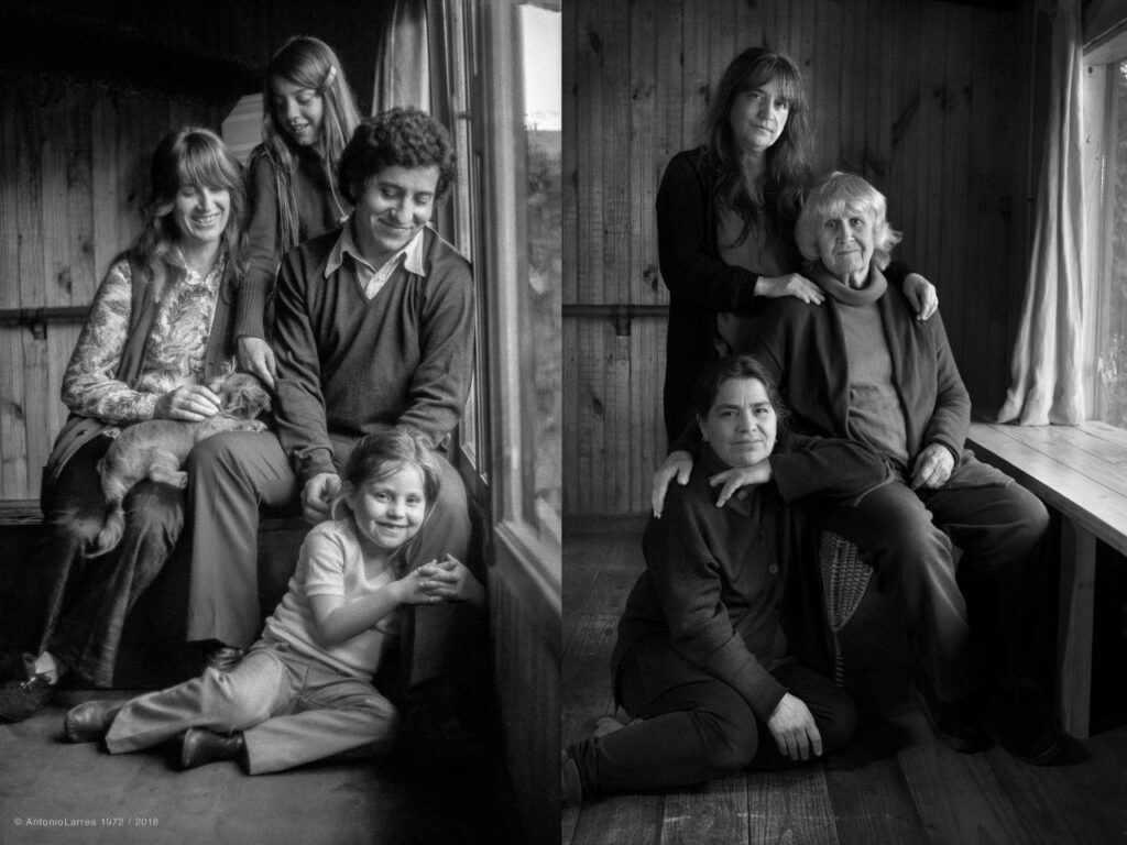 Photograph taken by Antonio Larrea in 1972 of Víctor Jara with his wife Joan Turner, and daughters Manuela Bunster Turner and Amanda Jara (left), and a photo years later with Amanda, her mother, and sister. | Victor Jara Archive