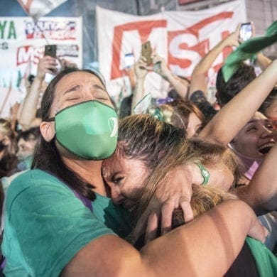 People celebrate the Argentine senate's legalization of abortions on Dec. 30, 2020.