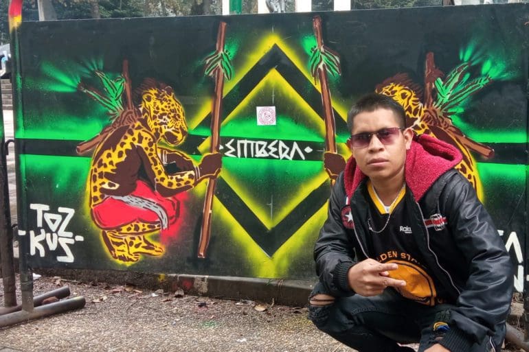 Libardo Queragama lives Bogotá National Park in a camp full of fellow displaced indigenous peoples, pursuing his music career whenever he can