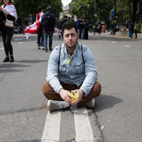 Vache demonstrating on Rustaveli Avenue, Tbilisi, Georgia.