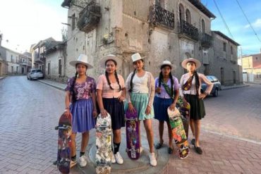 The young women of Imilla Skate in Bolivia skateboard in traditional chola attire