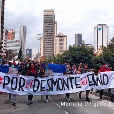 For the dismantling of the Esmad (Mobile Anti-Riot Squad). Young people demonstrate in the streets of Bogotá against the police violence carried out within the framework of the 2021 National Strike.