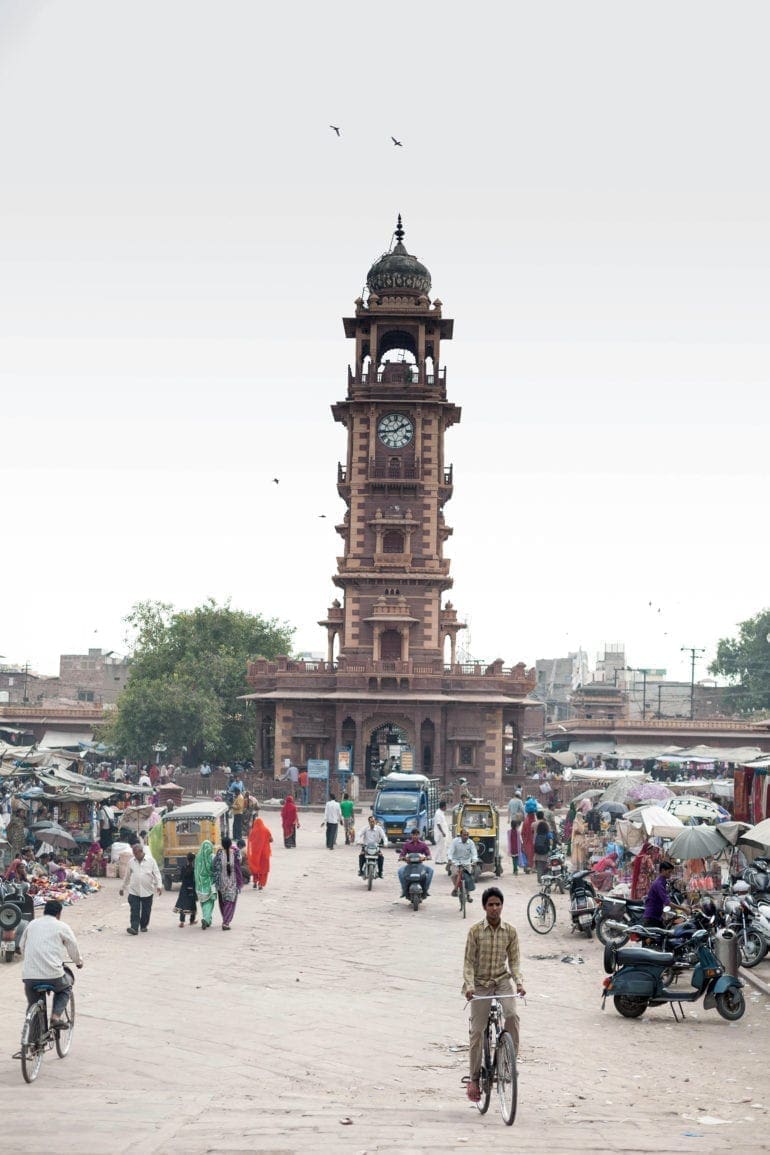 A tall clock tower in Rajasthan, India.
