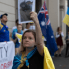Mariia Mykytiuk in an action of solidarity with Ukraine in Sydney, Australia
