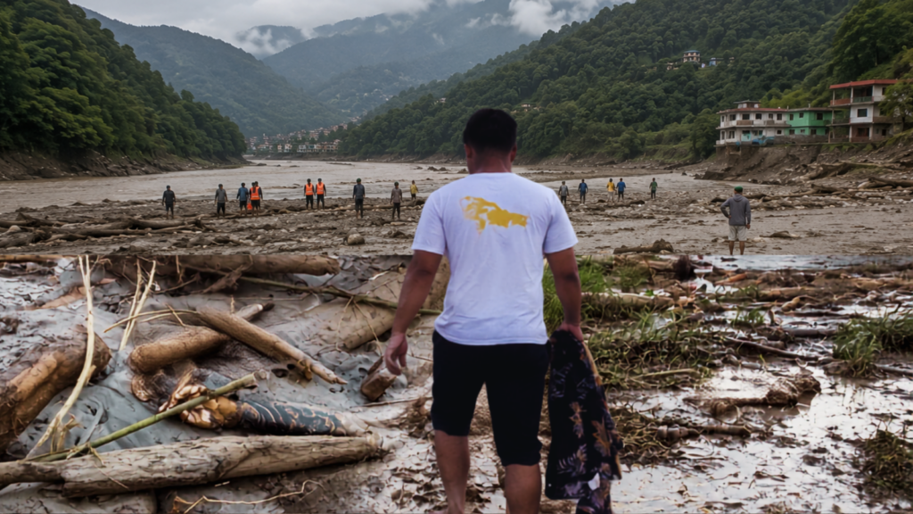 Sargam Pariyar walks through mud, fallen trees and flood debris as people search the devastated riverbank following the August 2026 Nepal floods.