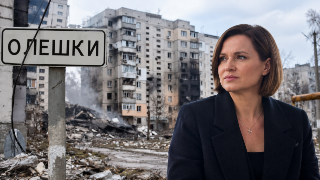 Ukrainian parliamentarian Anna Purtova pictured alongside war-damaged buildings and the Oleshky town sign in a composite image.