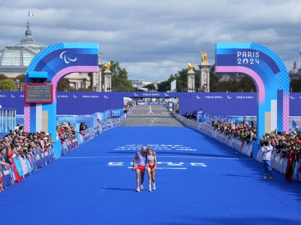 Elena and her guide cross the finish line, only to be disqualified later, losing her medal in the Paralympics. | Photo courtesy of Elena Congost