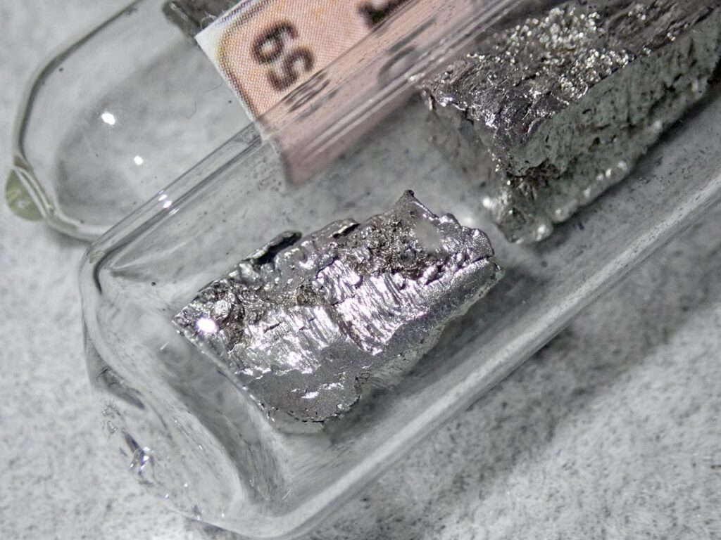 Praseodymium (Pr) is #59 on the Periodic Table of Elements. Elemental praseodymium is a silvery-gray metal. It is one of the 