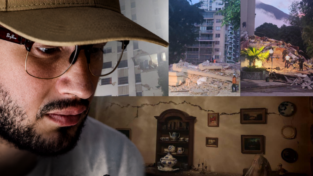 Montaje editorial de Arturo Suarez junto a imágenes de edificios dañados por el terremoto y de su departamento en Caracas tras el sismo de junio de 2026.