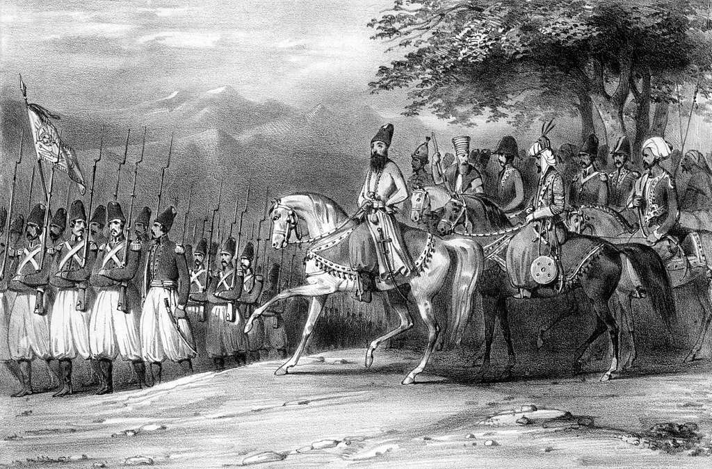Ilustración histórica de Abás Mirzá al mando de las fuerzas iraníes durante las guerras ruso-persas.
