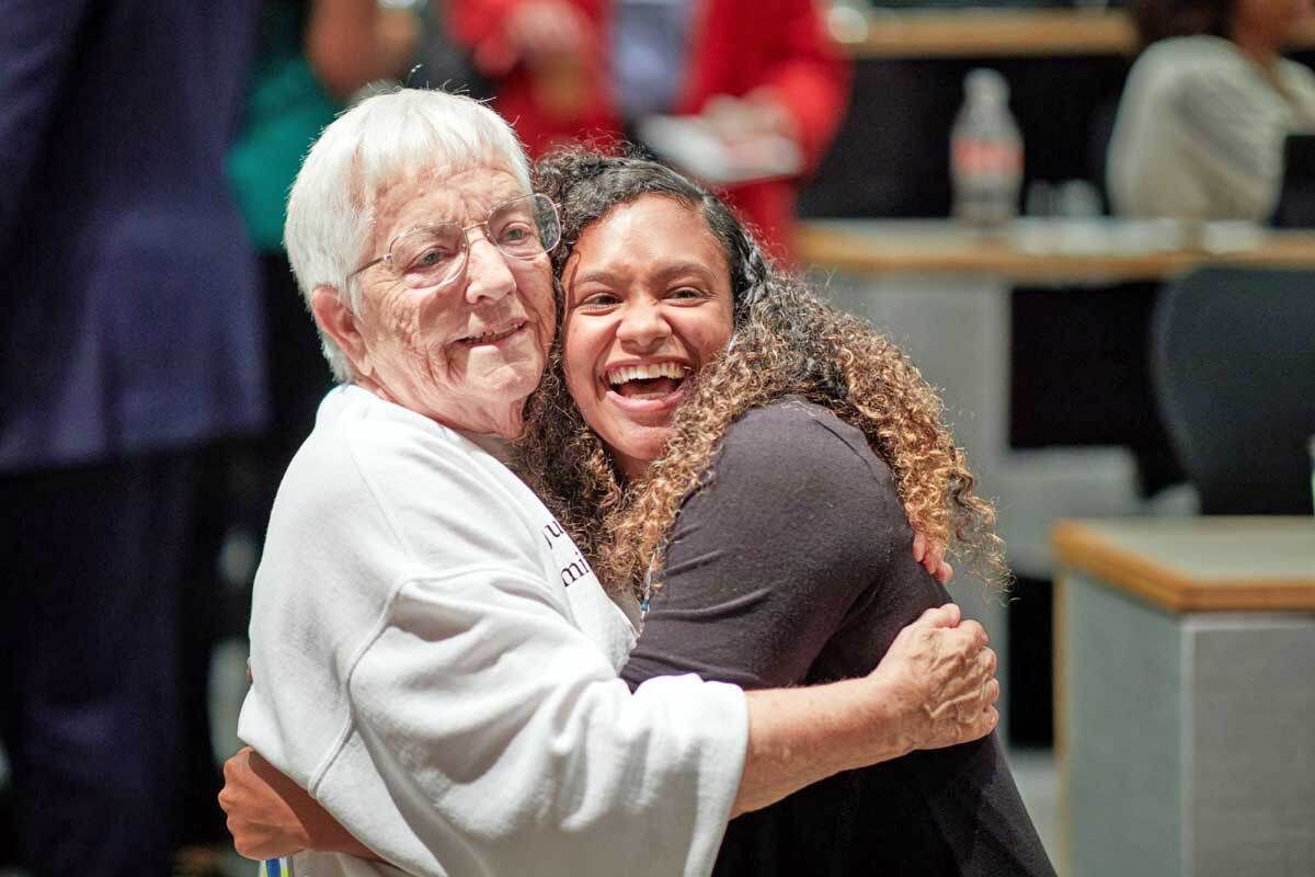 Racial justice activist Jane Elliott, whose 1968 “Blue eyes–Brown eyes” exercise exposed students to the irrational and arbitrary basis of prejudice, delivered the keynote address at the 2019 Diversity Week. After the event, Elliott met with attendees.