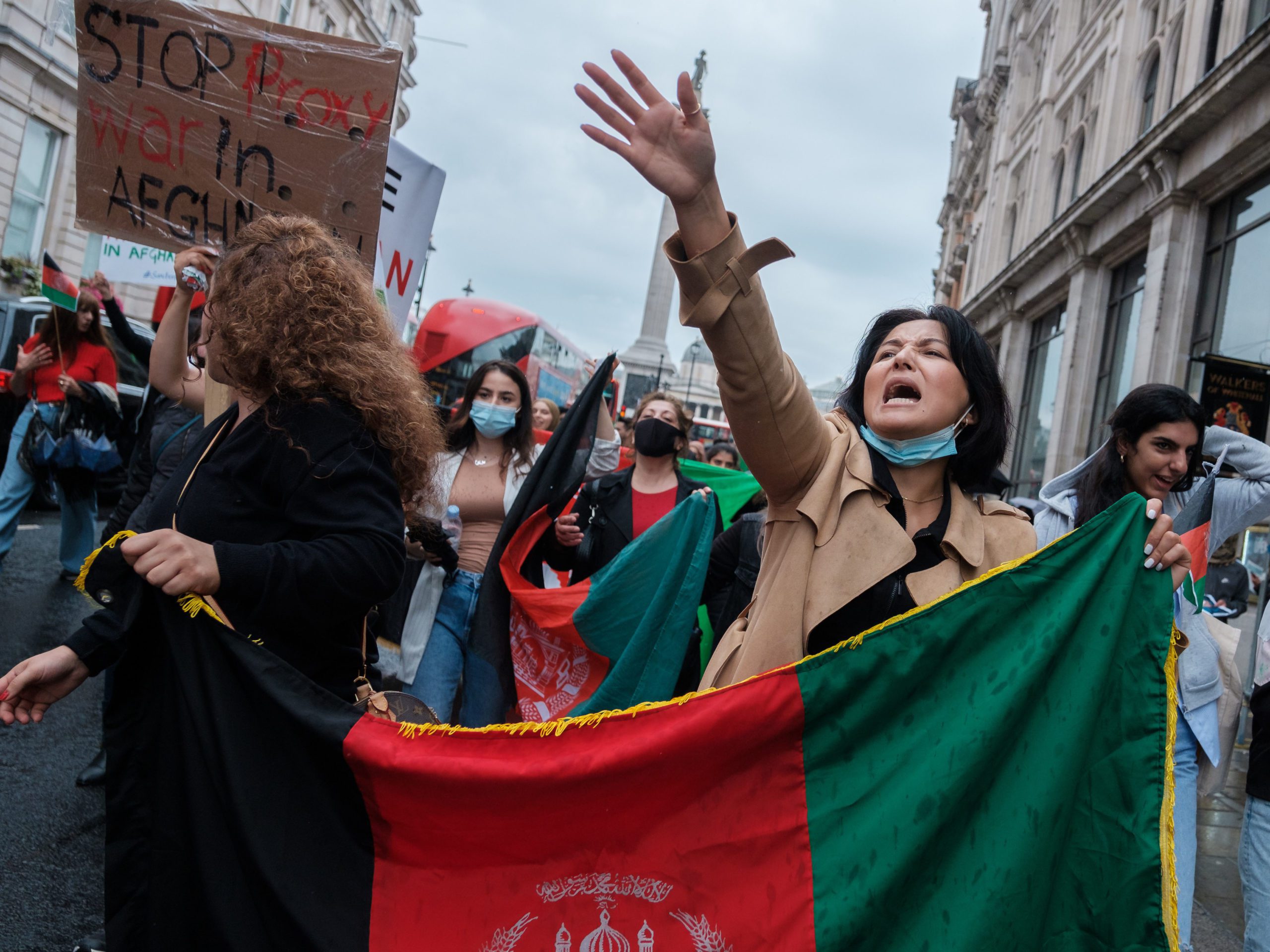 Women in England protest the violence of the Taliban takeover of Afghanistan in August 2021