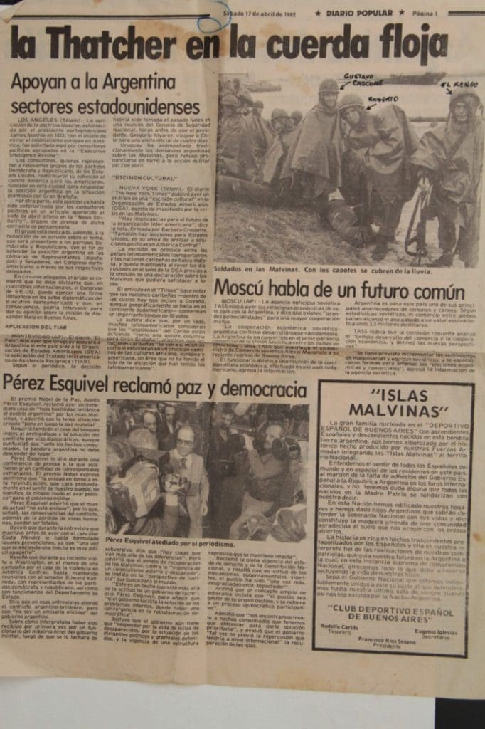 The newspaper that featured a front page photo of Alejandro during the Falklands War