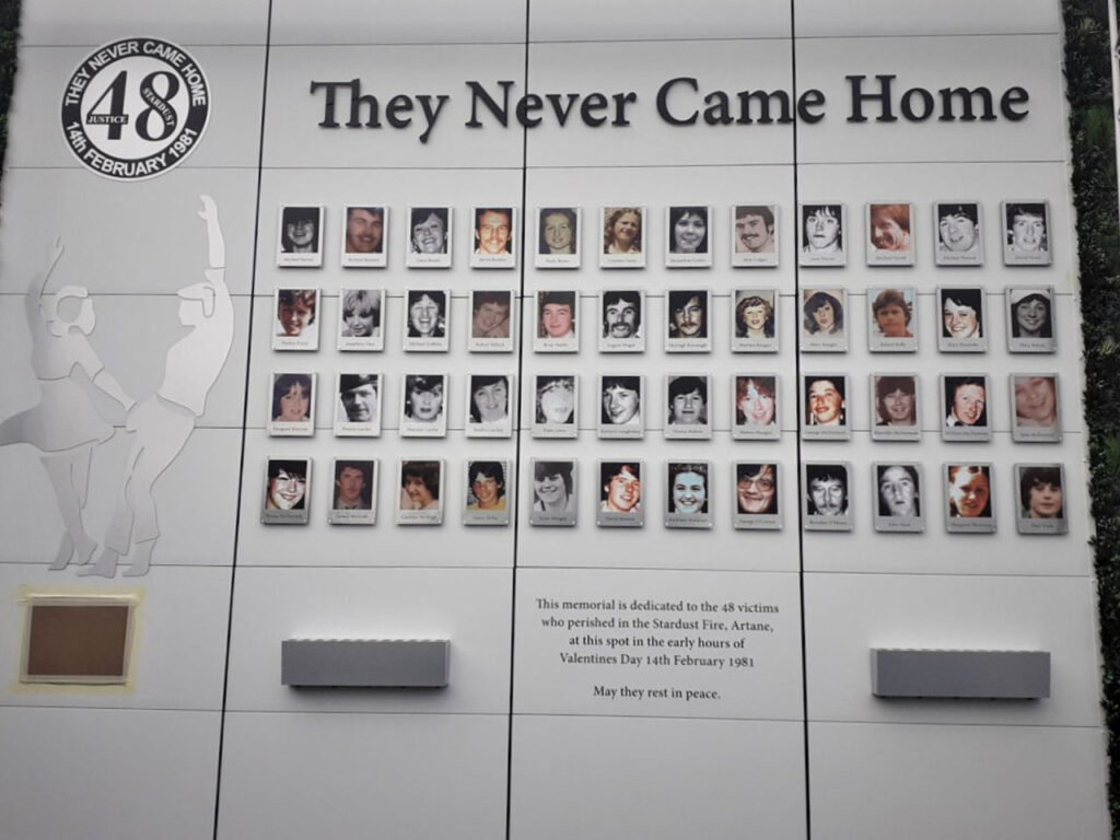 The Stardust Memorial Wall in Butterly Business Park, Artane, Dublin memorializes the 48 young people who died at the nightclub in 1981. | Photo courtesy of Manus Boyle