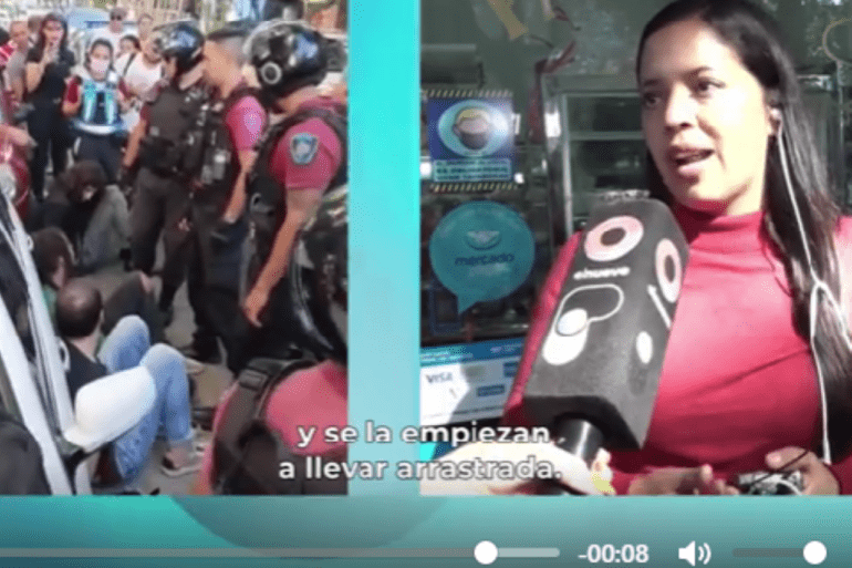 Natalia, the witness, gives her account to a TV news station as video shows some of the accused after being arrested