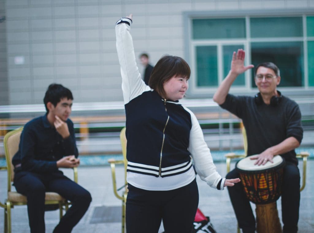 Students of the KIT Inclusive Theater in Nur-Sultan, Kazakhstan hold an open-air rehearsal
