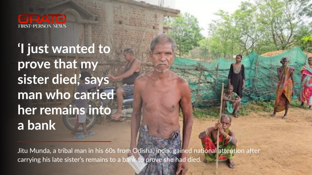 Jitu Munda, a tribal man from Odisha, India, stands outside his home after gaining national attention for carrying his late sister's remains to a bank.